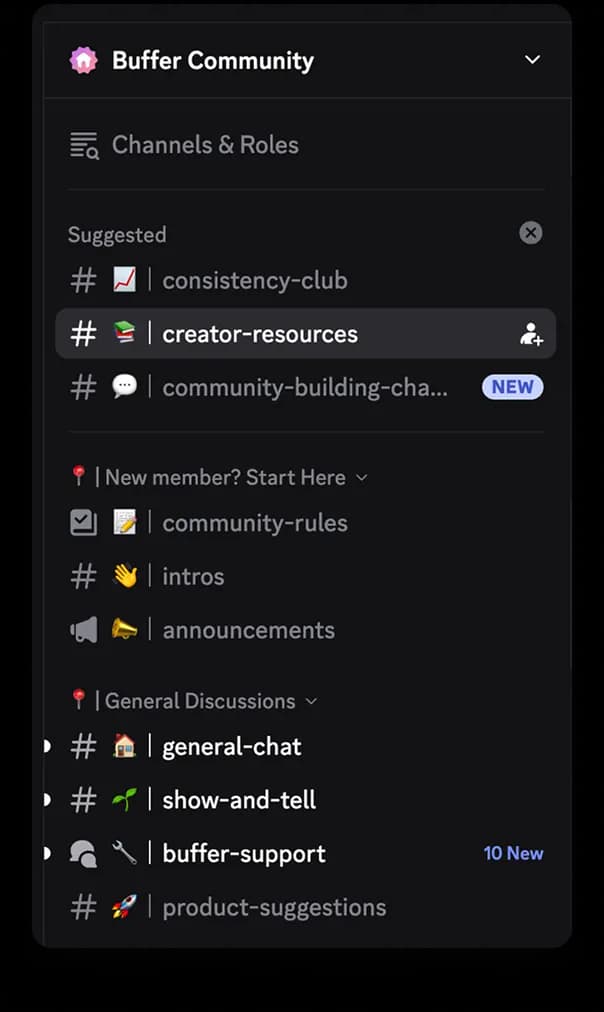 Discord channel sidebar with Buffer community channels for posting consistently, sharing creator resources, intros, show-and-tell, support, and more.