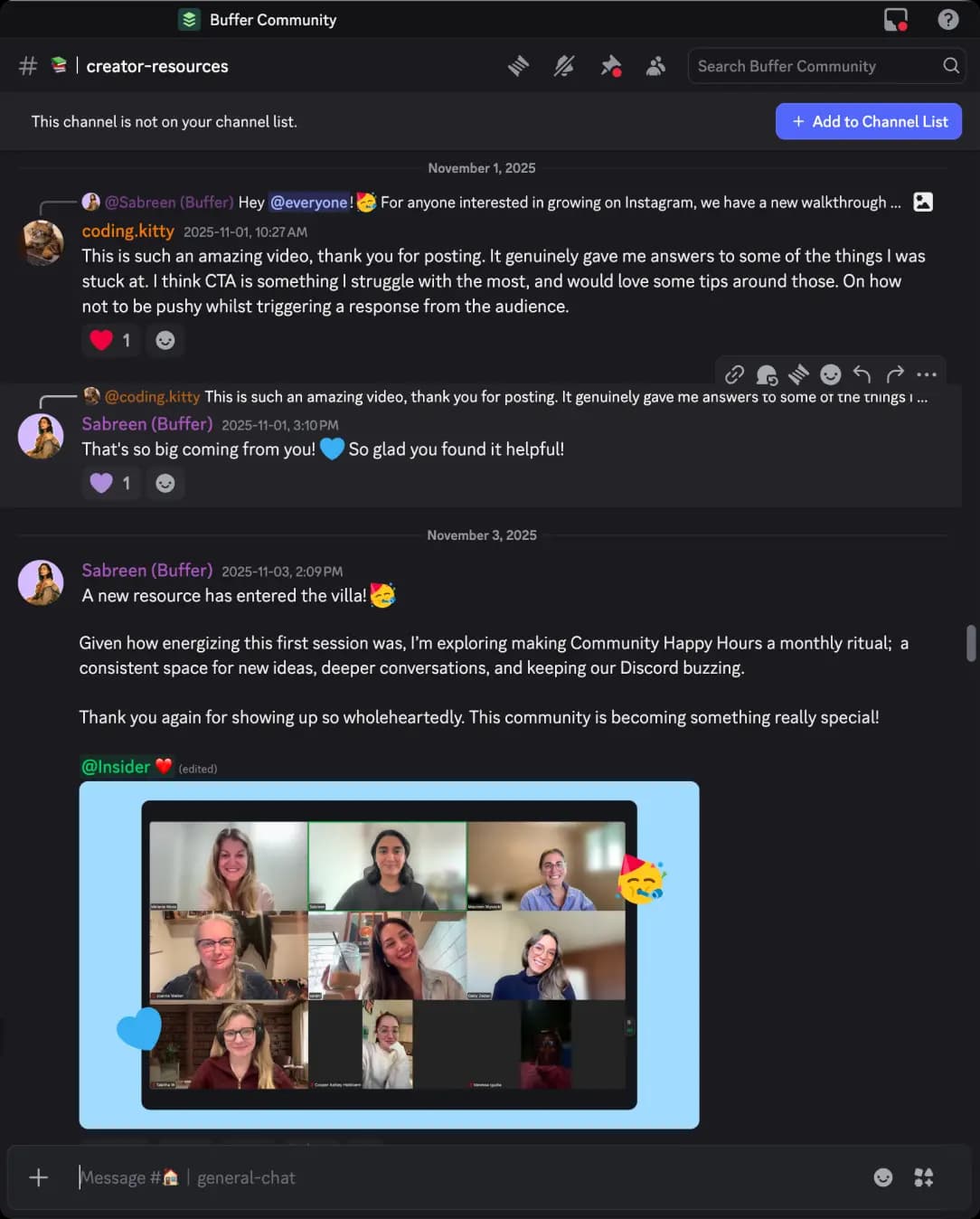 Buffer community Discord with real conversations for content feedback, live sessions, and supportive discussions.