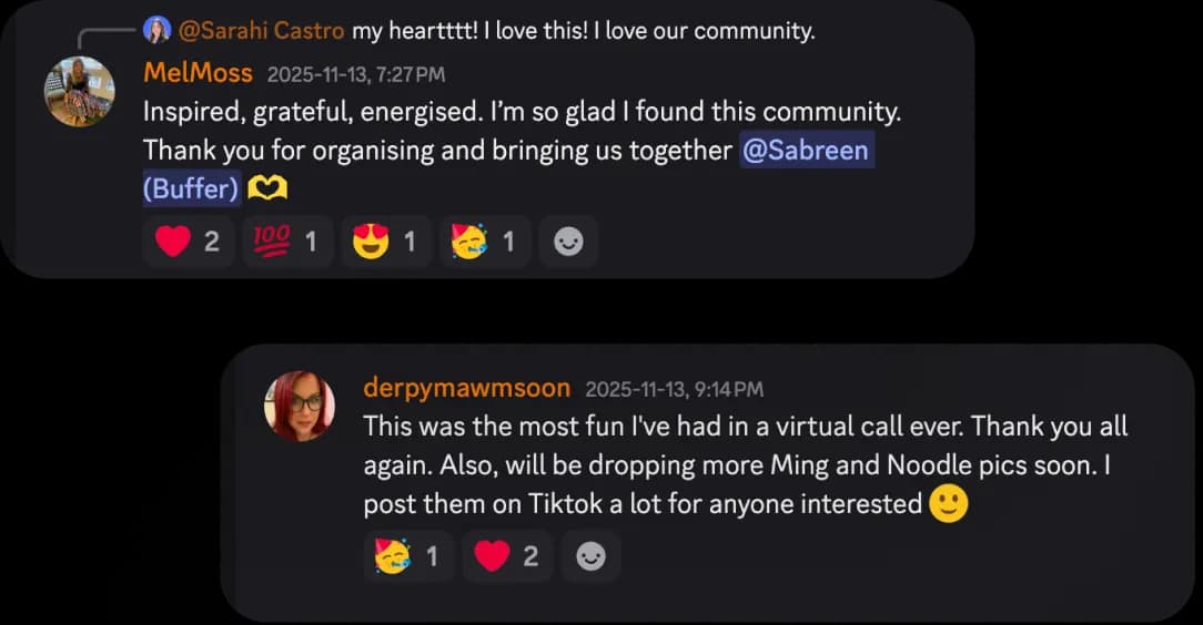 Buffer community Discord with live sessions for community learning, feedback, and creative inspiration.