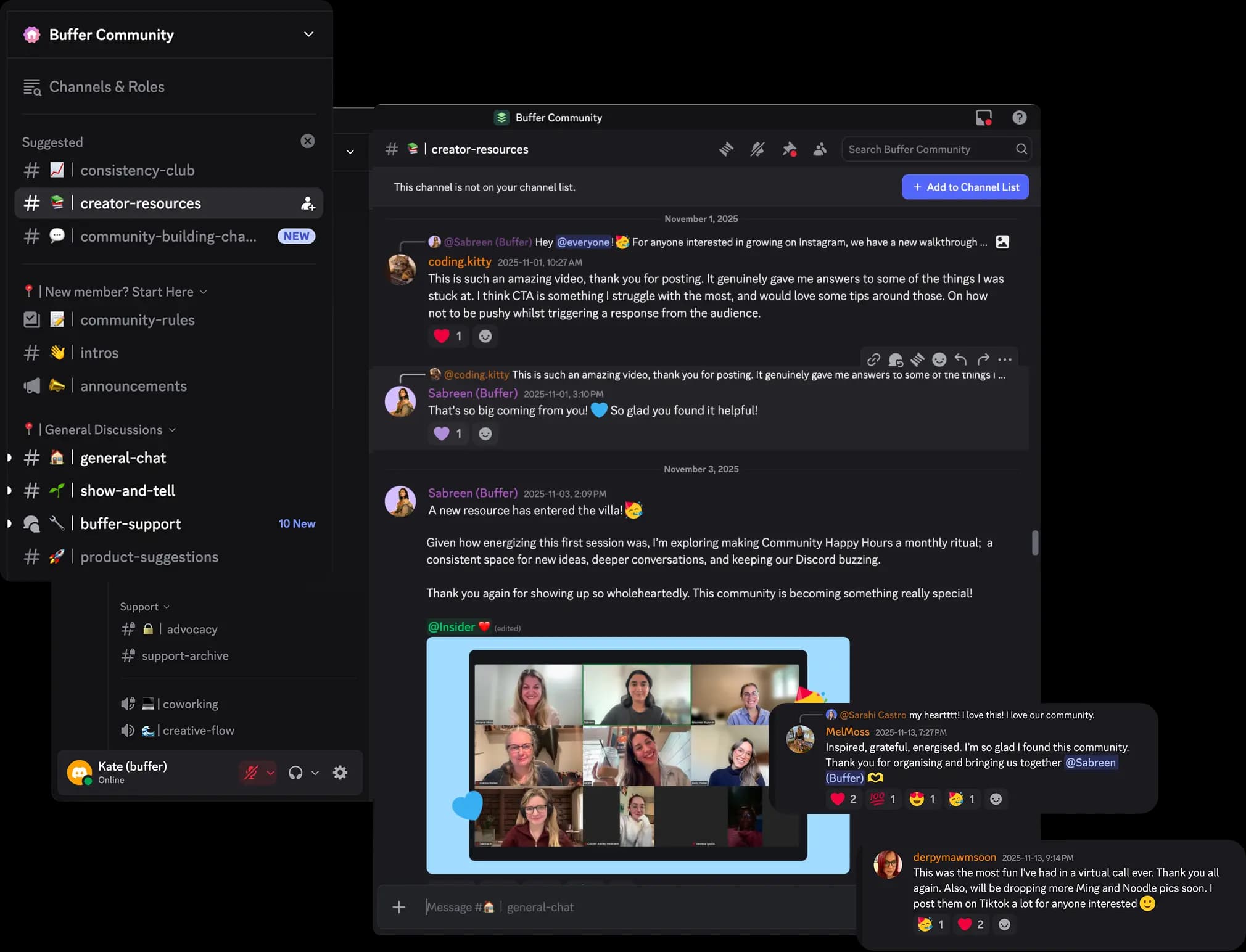 Buffer community Discord with community channels, real conversations, show-and-tell, and live community moments.