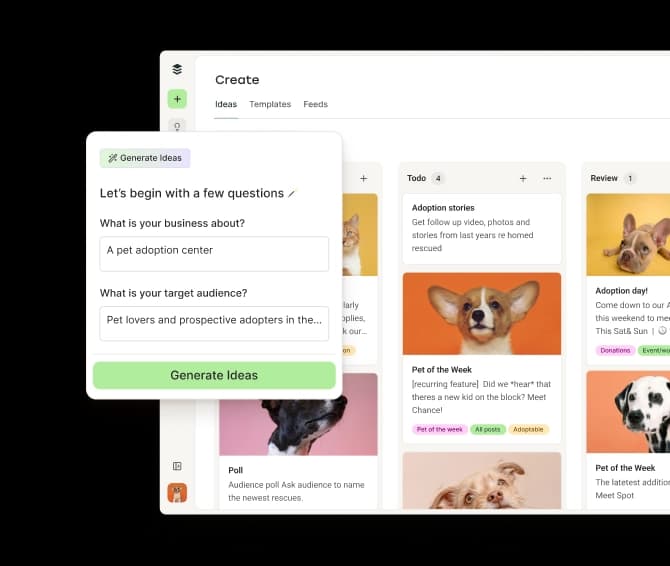 A Bluesky post ideas board in Buffer with columns to create and organize ideas by status and tags and an AI assistant to generate ideas.