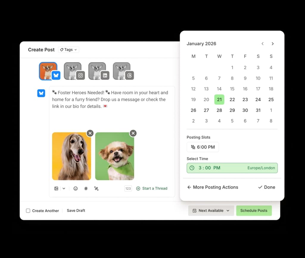A Bluesky post create screen with text input, image attachments, and a date picker to schedule posts.