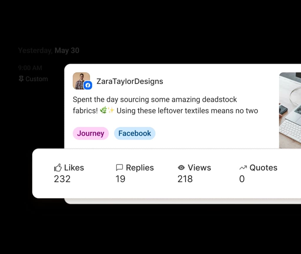 Facebook post surrounded by graphs for followers, engagement rate, and recommended best day to post, best type of post, and best frequency to post.
