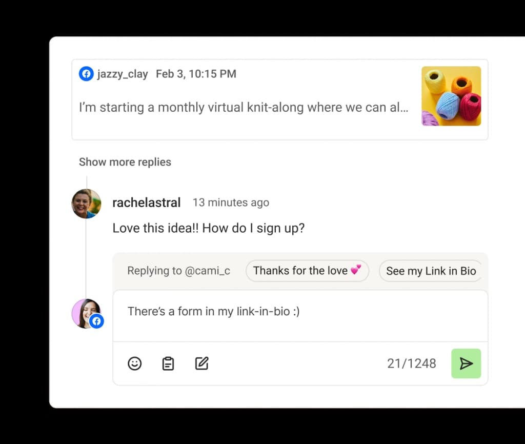 Buffer Community comment reply screen with create post from my reply option.