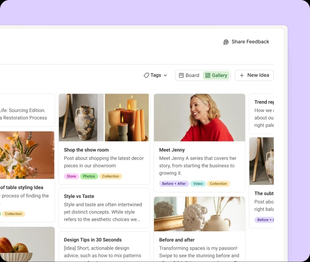 Buffer Create space with Facebook post ideas in columns by category.