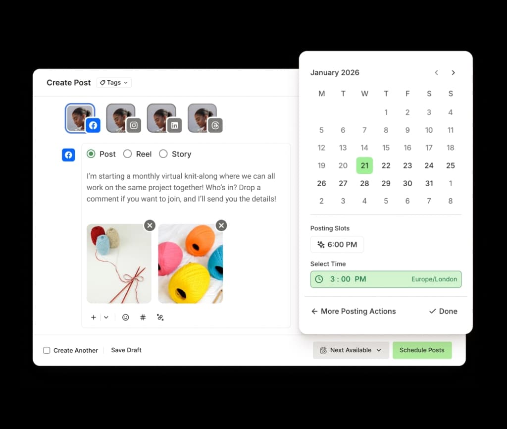 Buffer Facebook post tool with a text editor, image attachments, and scheduling options.