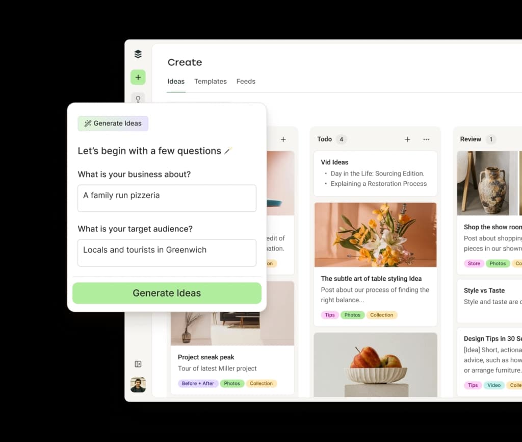 Buffer AI Assistant with a text editor, image attachments, and scheduling options.