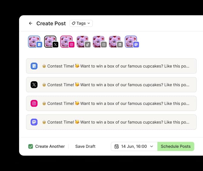 Buffer crosspost view with several social media channels and dedicated text editors per channel.