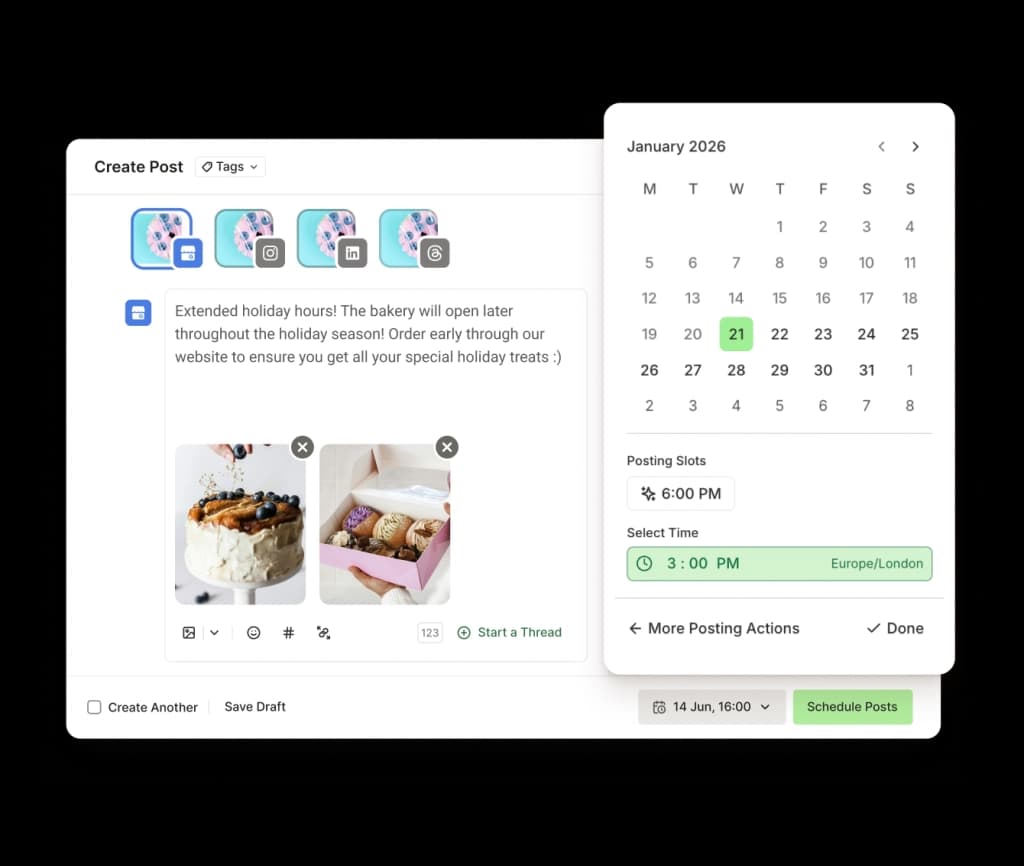 Buffer calendar view with a drag and drop interface for scheduling What’s New, Offer, and Event Type posts.