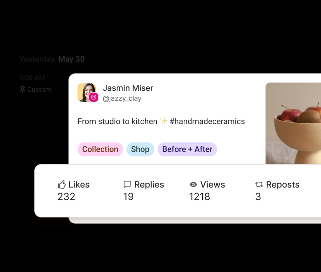 Instagram post surrounded by floating graphs for engagement rate, followers, and recommended best day to post, best type of post, and best frequency to post.