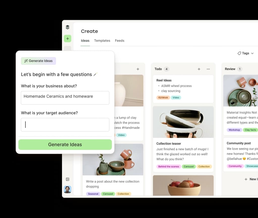 Buffer Instagram Create space with ideas in columns by category and an AI assistant to generate ideas.