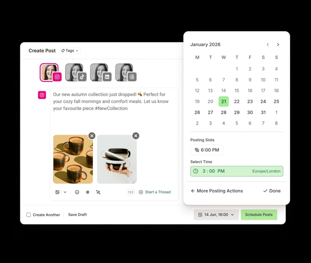 Buffer Instagram editor with a text editor, image attachments, and scheduling options.