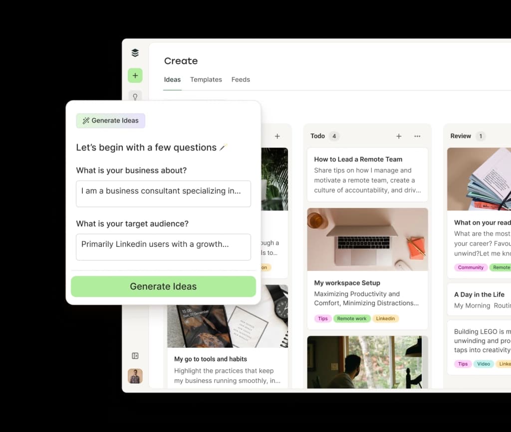 A sortable board view of LinkedIn post ideas with category columns and an AI assistant to generate post ideas.