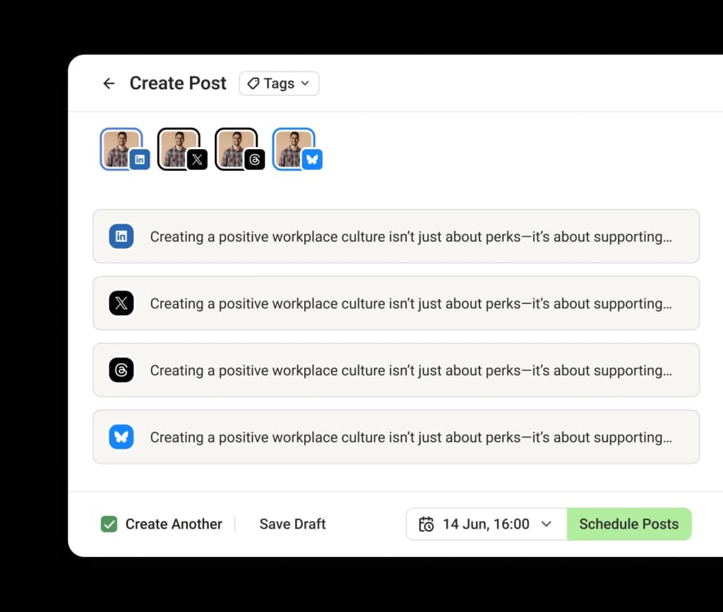 A create LinkedIn post screen with options to crosspost to other social media channels by adding them to a posting queue.