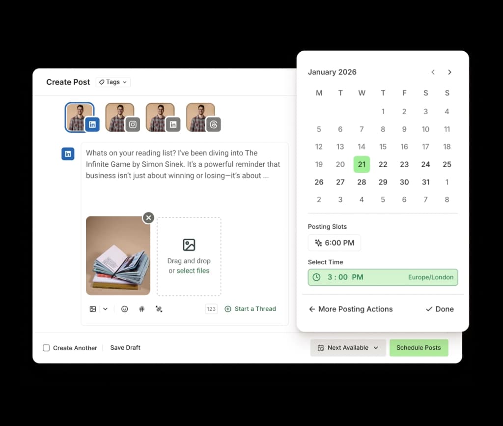 A LinkedIn post create screen with text input, image attachments, and a date picker to schedule posts.