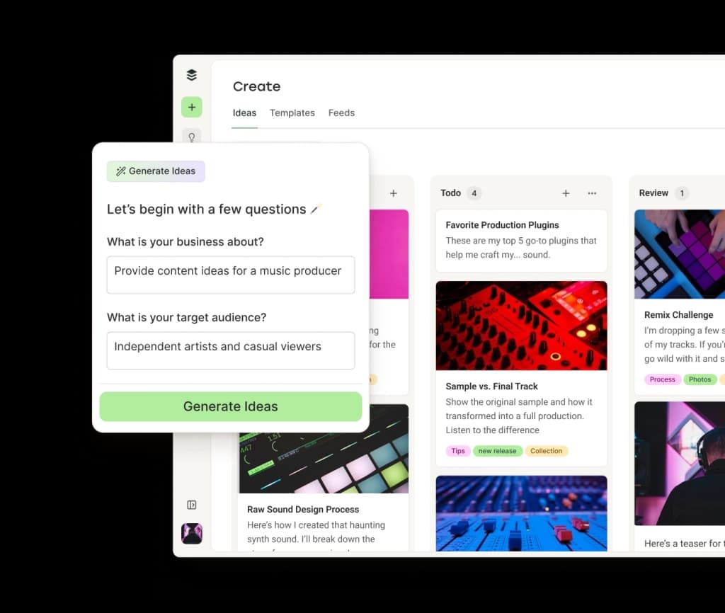 Buffer Create space with Mastodon post ideas in columns by category and an AI assistant to generate ideas.