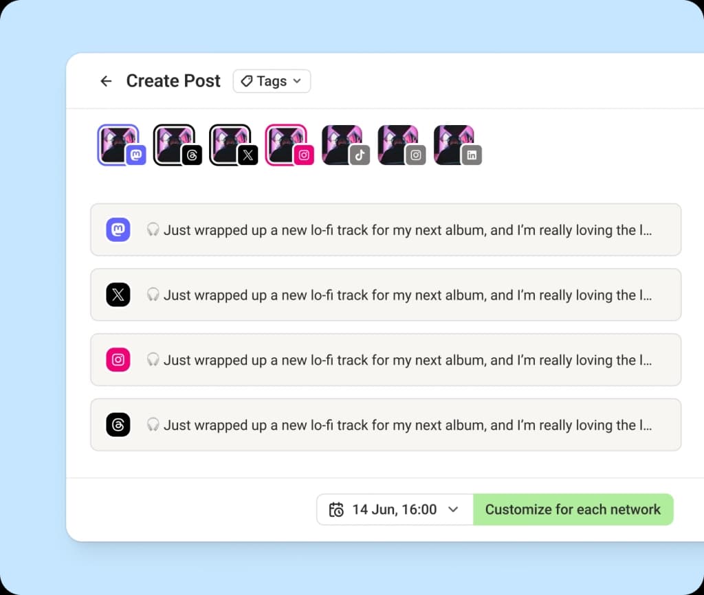 Buffer crosspost view with several social media channels and dedicated text editors per channel.