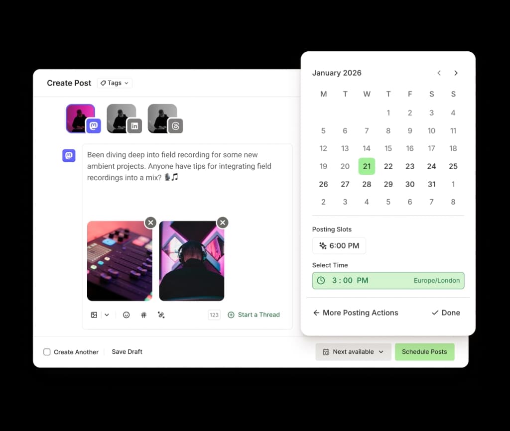 Buffer Mastodon post editor with a text editor, image attachments, and scheduling options.