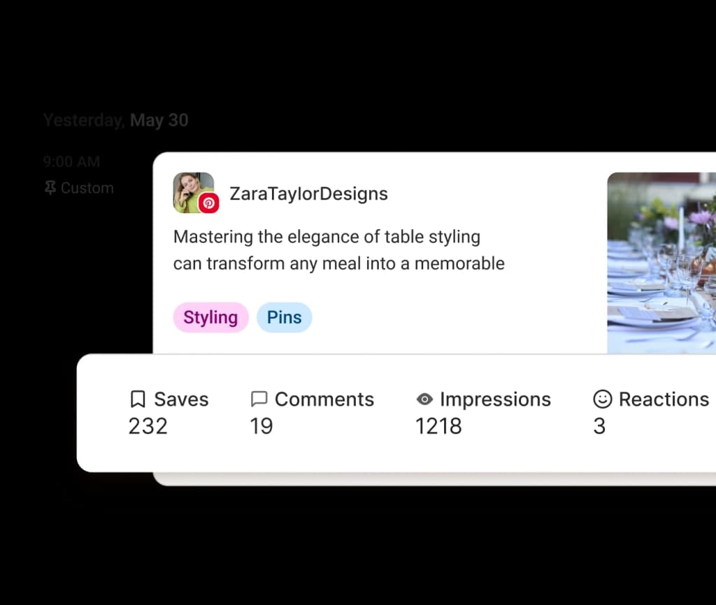 A post on Pinterest surrounded by graphs for followers, engagement rate, and recommendations for best day, type and frequency to post.