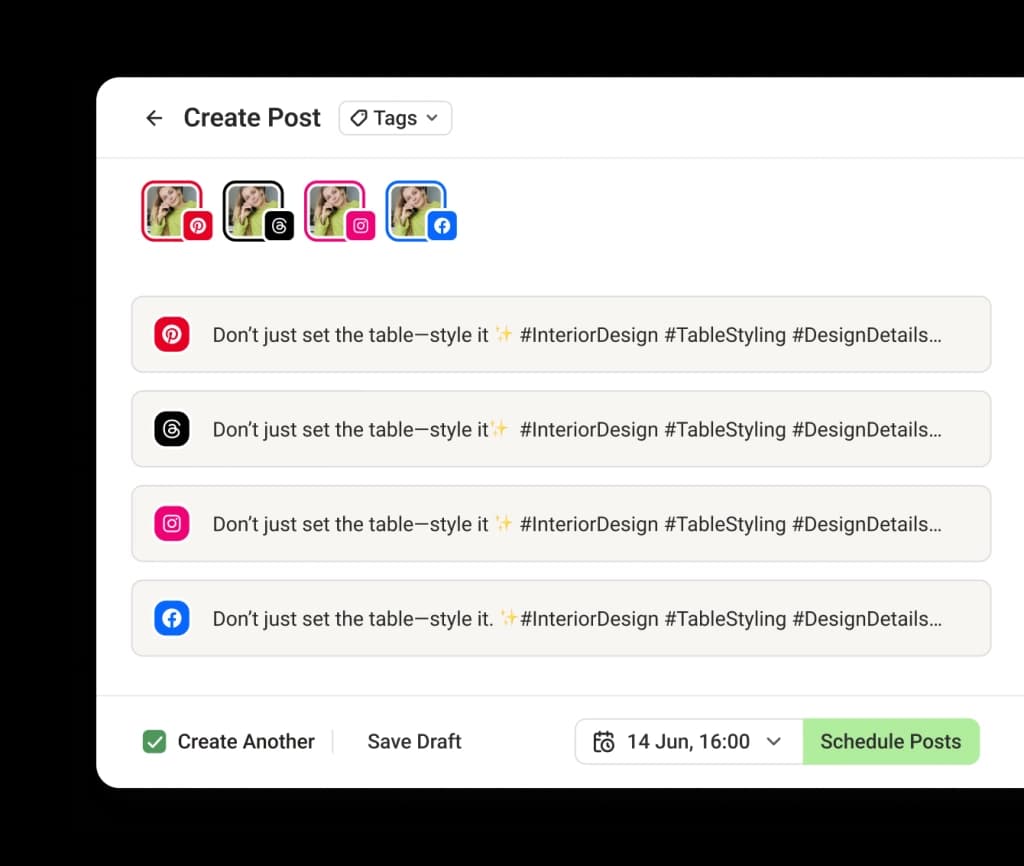 The Buffer Crosspost view with dedicated text editors for multiple social media channels, including Pinterest.