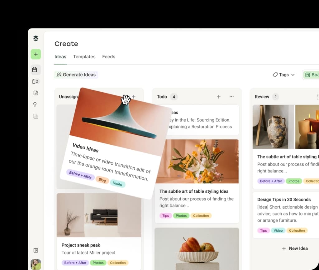 The Buffer Create space with kanban columns for posts by category and an AI Assistant for generating ideas.