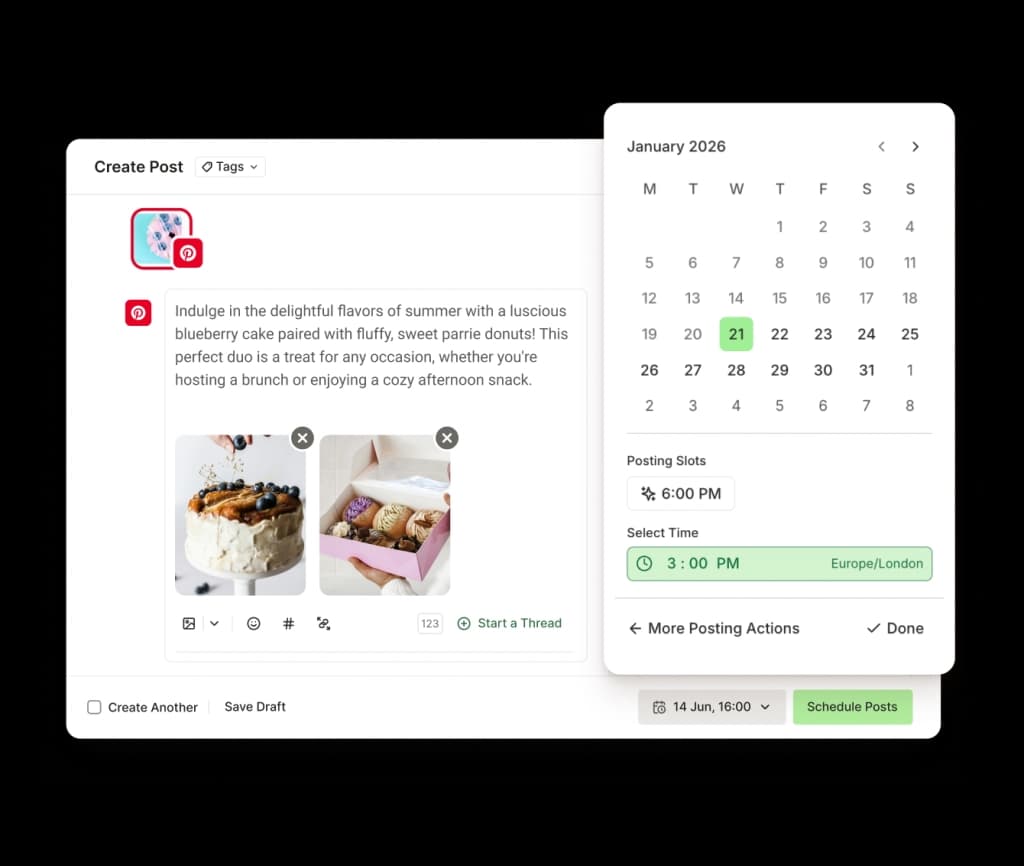 The Buffer Create view for Pinterest with a rich text editor, image attachment, and post scheduling controls.