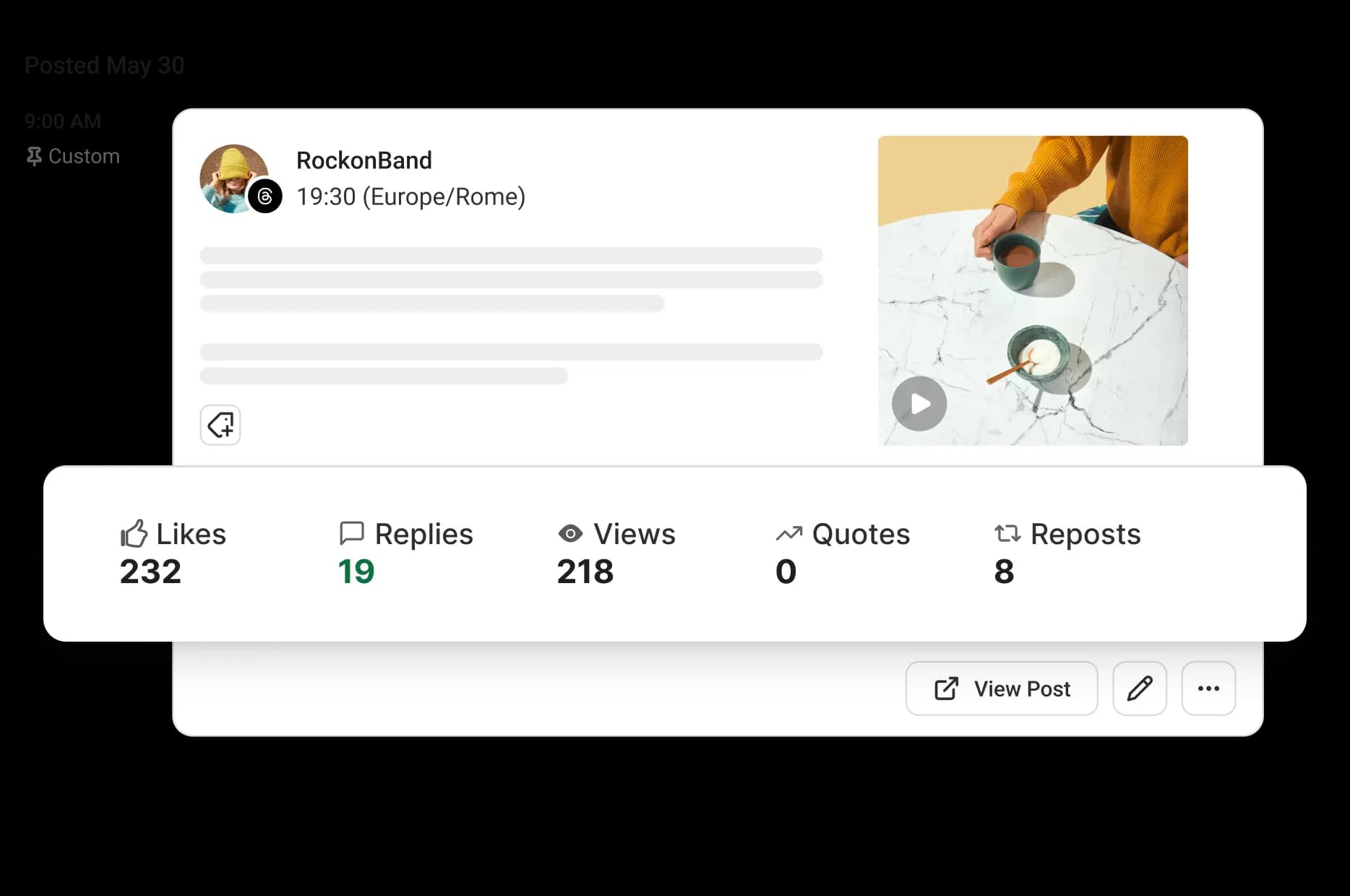 Buffer Threads analytics with likes, replies, views, quotes, and reposts.