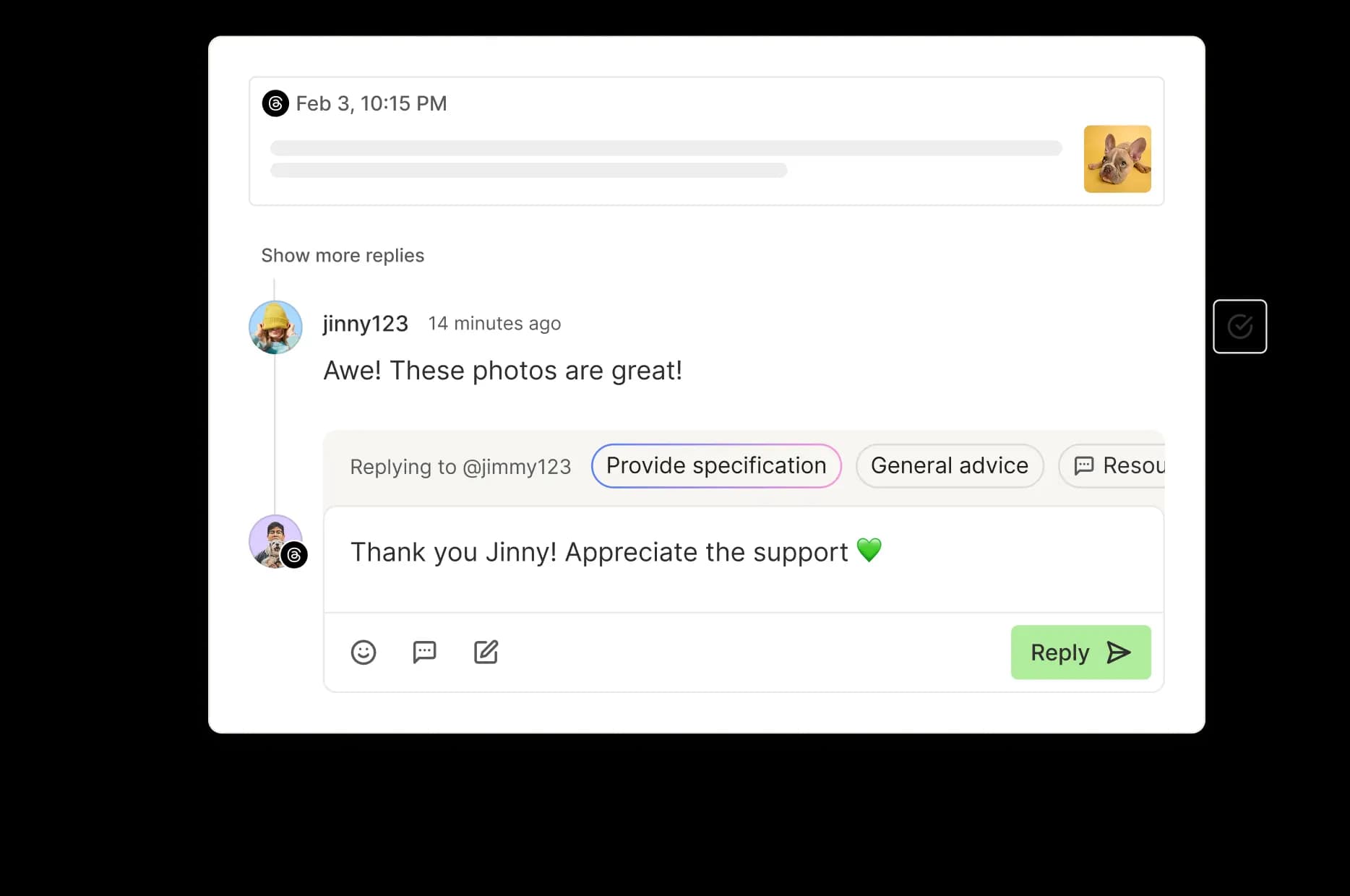 Buffer Threads community engagement view with recent comments, suggested replies, and a community score.