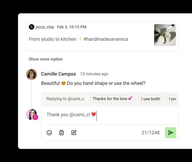 A comment thread from X within Community, with AI suggestions and a text field for replying.