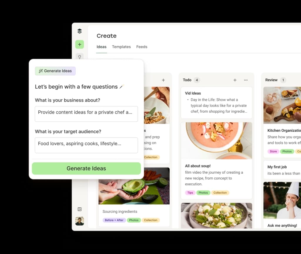 Buffer Create space with ideas in columns by category and an AI assistant to generate ideas.