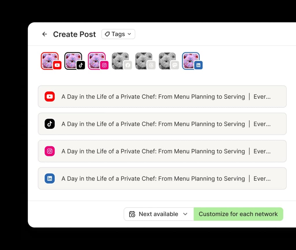 Buffer crosspost view with several social media channels and dedicated text editors per channel.