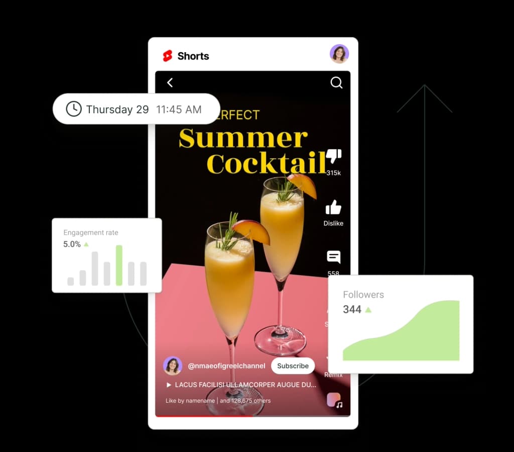A post on YouTube Shorts surrounded by floating graphs for followers and engagement rate.