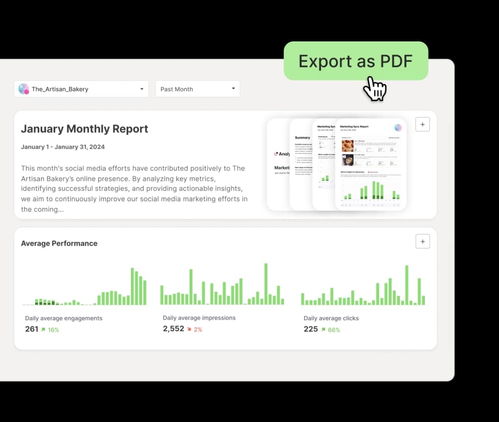 Buffer custom reports view with a monthly report, average performance for engagements, impressions, and clicks, and an option to export as PDF.