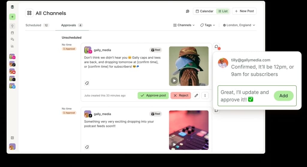 Buffer approval screen with comment threads, add to queue, move to drafts, and edit options.
