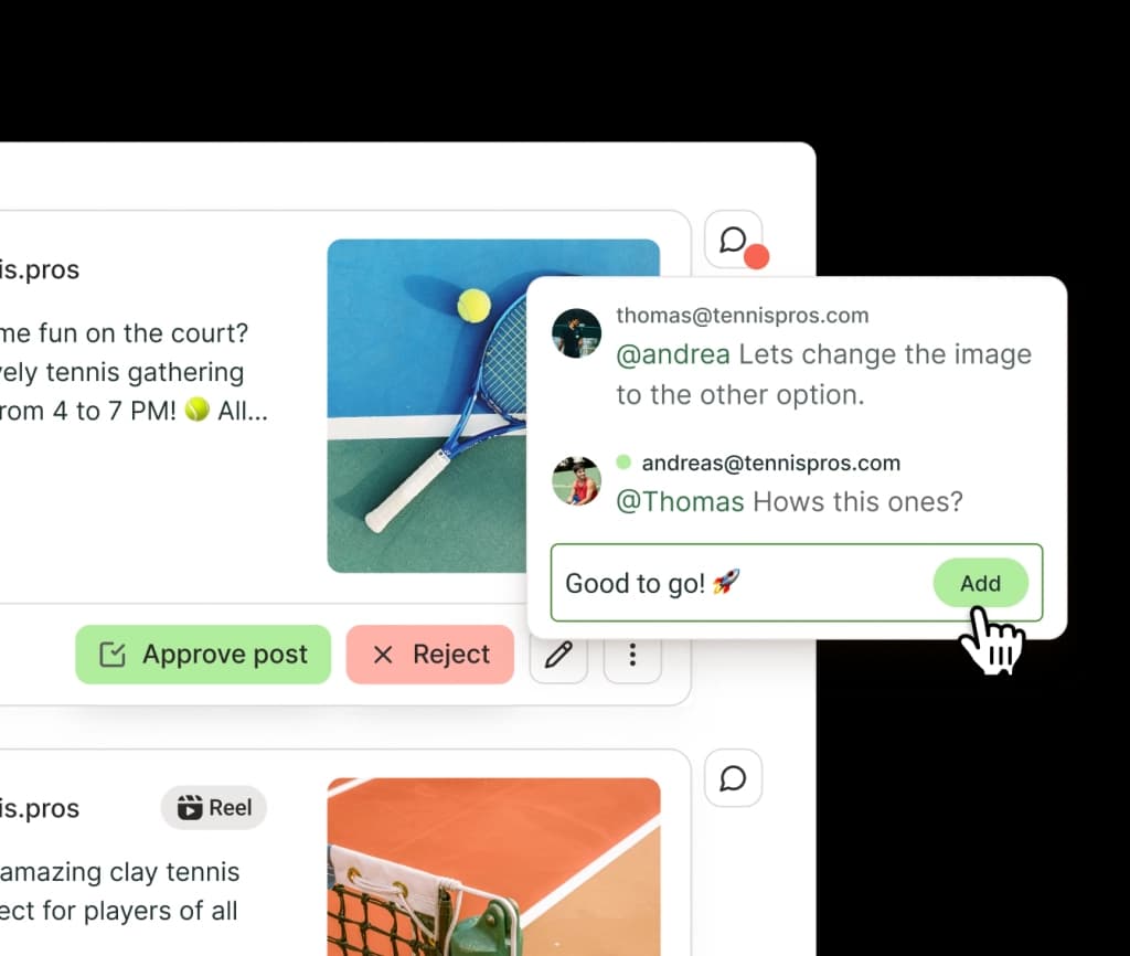 Buffer approvals view with comments and options to add an unscheduled post to your queue, edit, or move to drafts.