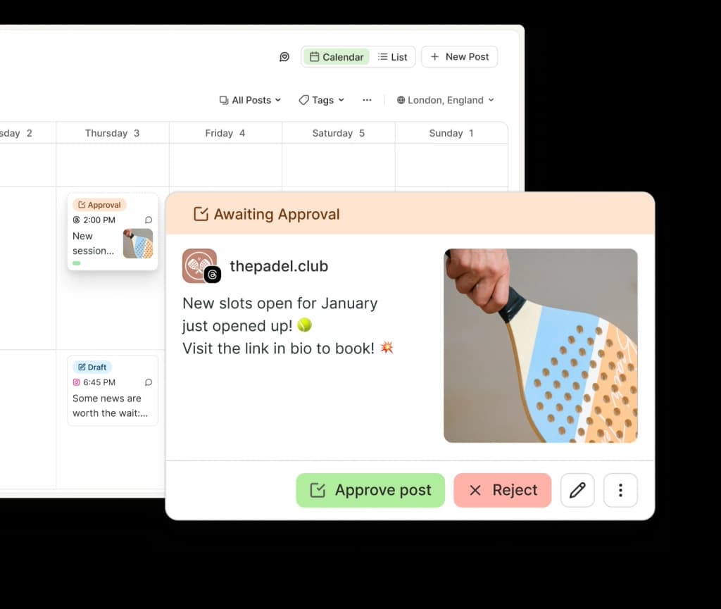 Buffer shared calendar view with upcoming posts with tags for draft and awaiting approval.