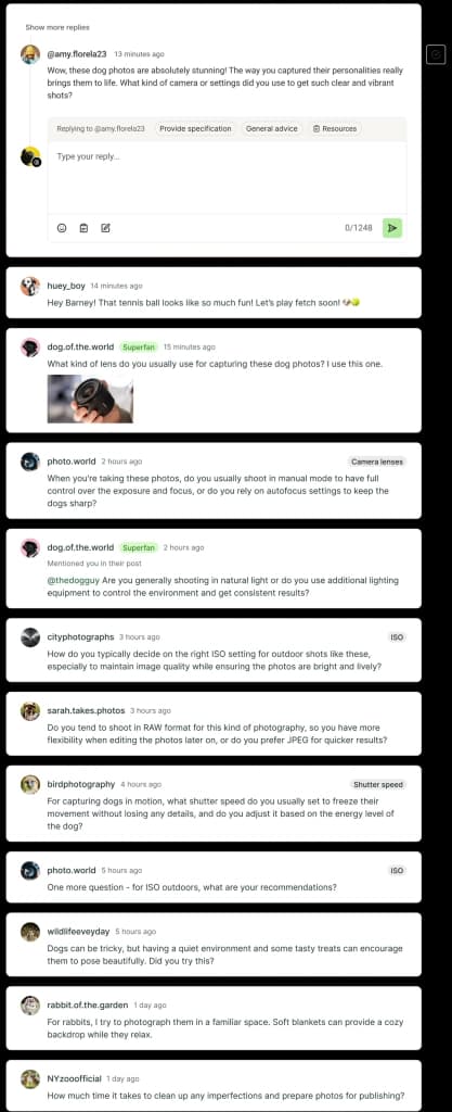 Comment feed with comments by social media channel, saved replies, and AI replies.