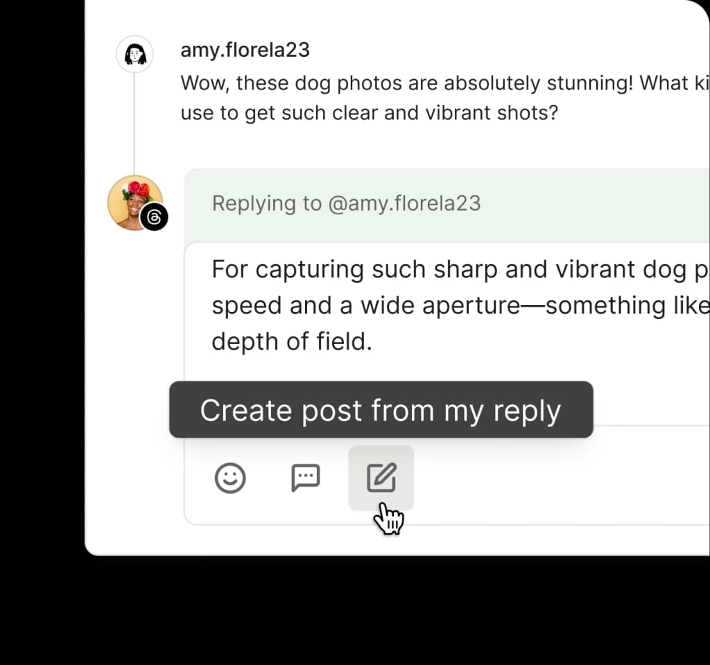 Buffer Community comment reply screen with create post from my reply option.