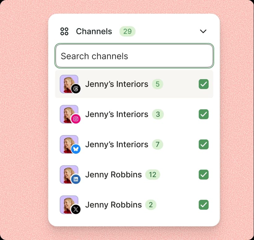 Buffer Community comments channels list with notifications for Threads, Instagram, Bluesky, LinkedIn, and other platforms.
