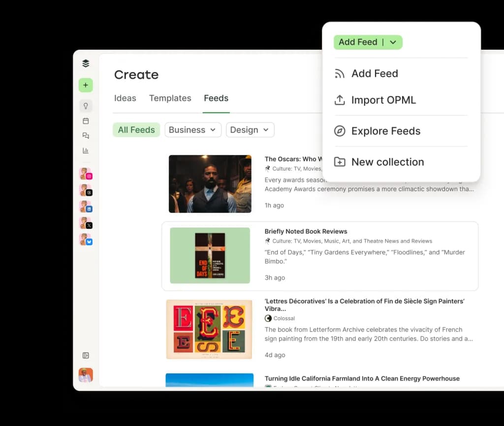 Buffer Create view with text editing, image upload options, and media integrations including RSS feed subscriptions.