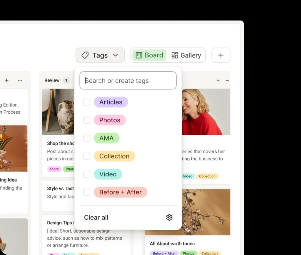 Buffer tag management view with an add tag drop down featuring custom tags and colors.