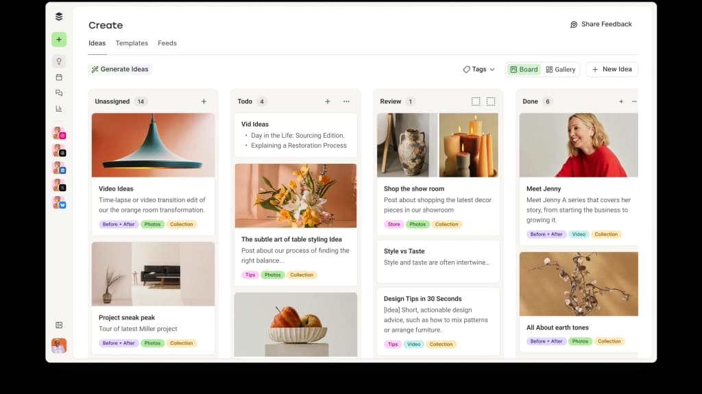 Buffer Create space with a gallery view of content ideas and a kanban-style board.