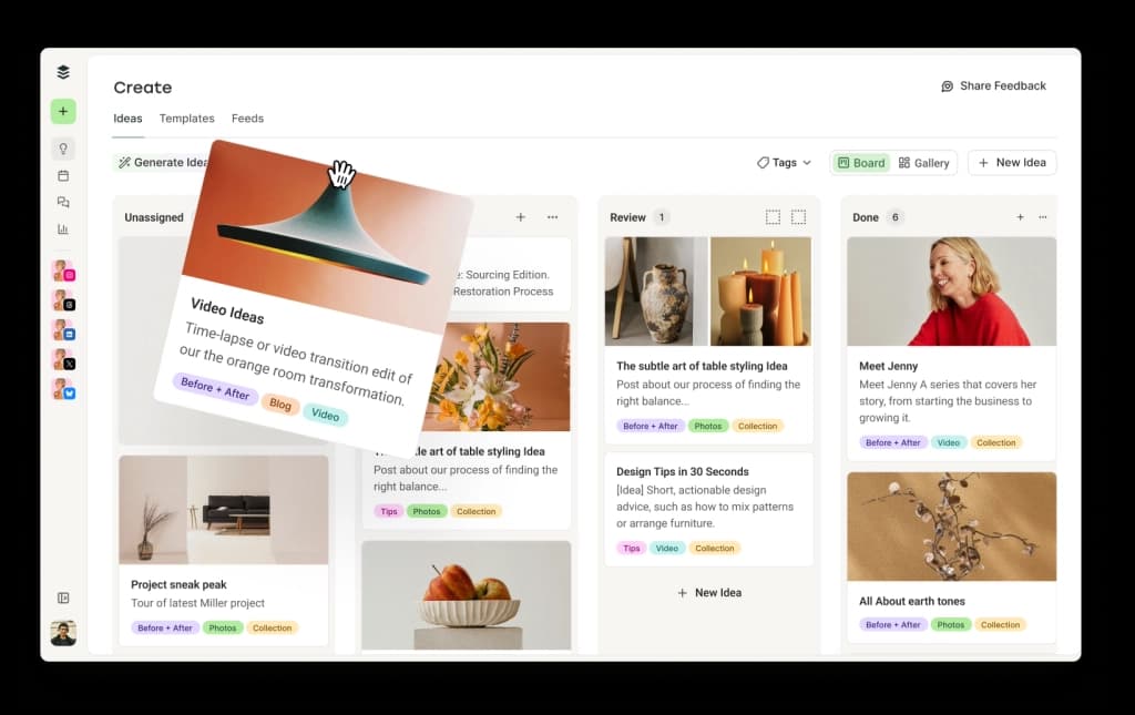Buffer Create space to organize your content ideas with tags in a board or gallery view and an AI assistant to generate content ideas.