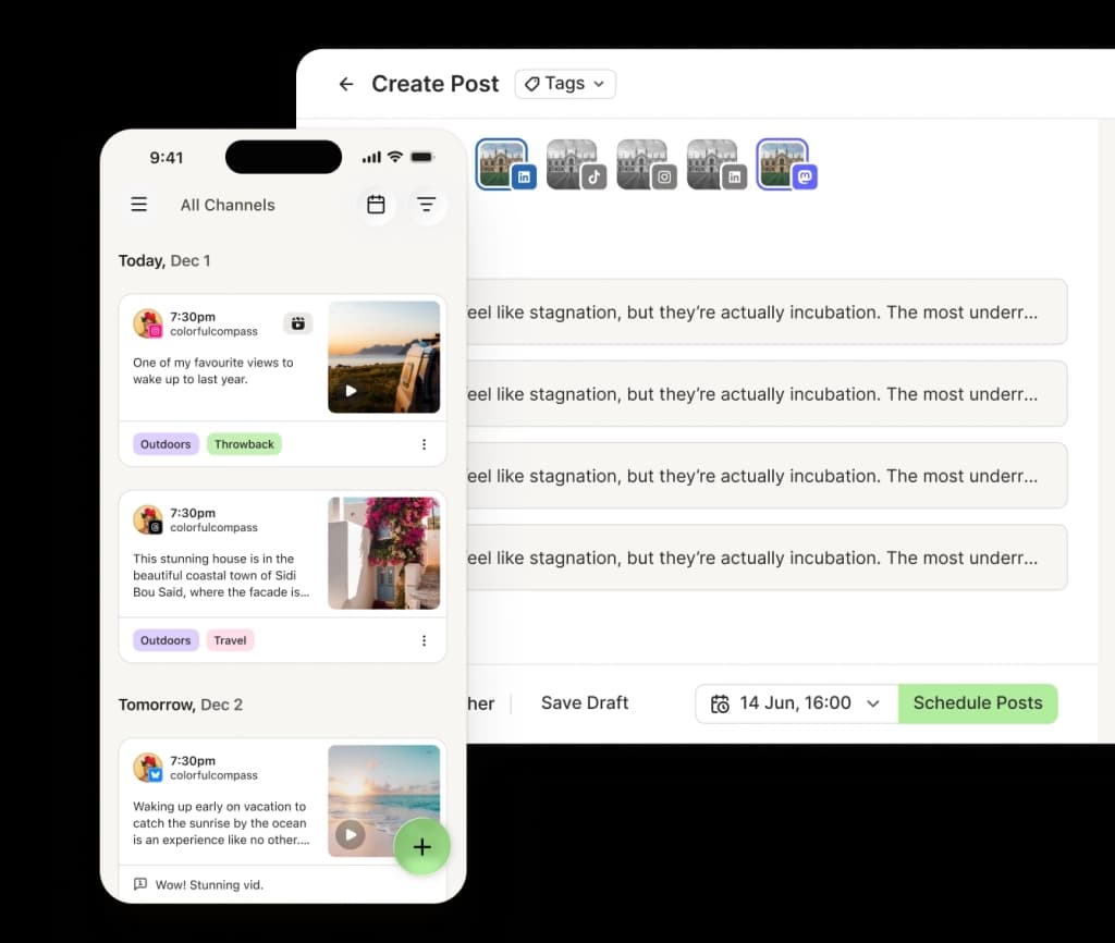 Buffer post publish view with social media channel selector and previews for each channel.