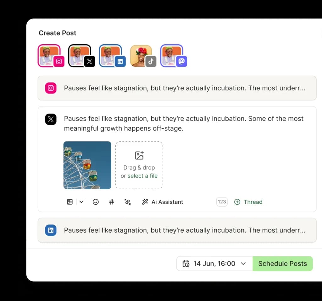 Buffer post editor with text and image attachments, social media channel selector, and scheduling options.