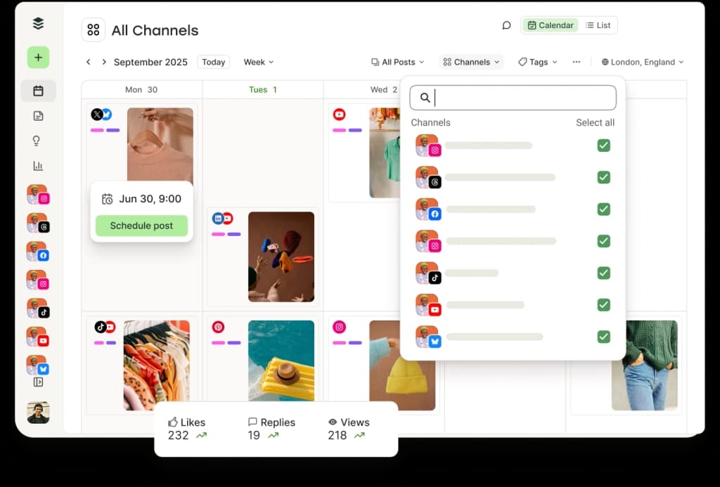 Buffer Publish view with queue, drafts, approvals, and sent tabs and a feed of upcoming scheduled posts.