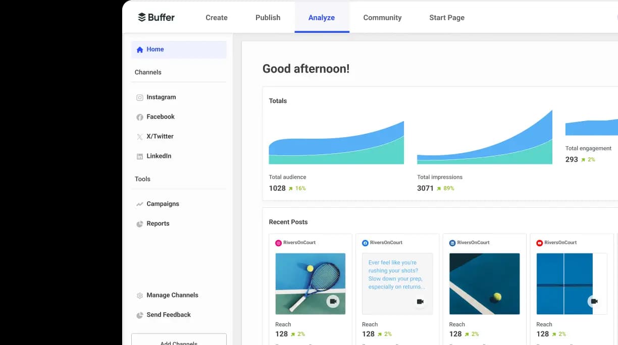Buffer Analyze space with engagement metrics for recent posts across multiple social media accounts.