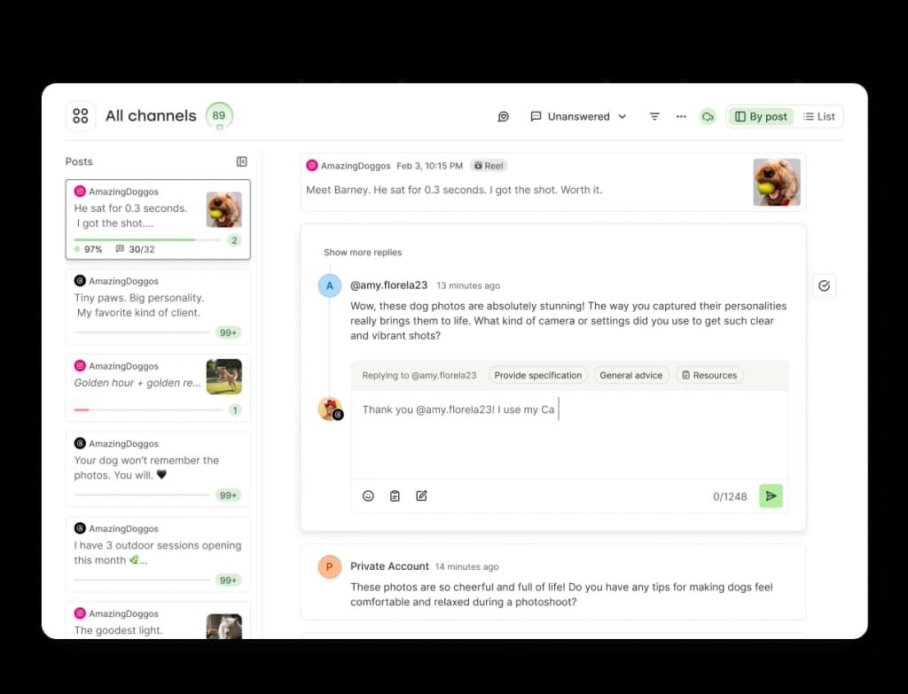 Buffer Community space with filterable and sortable comments across multiple social media accounts.
