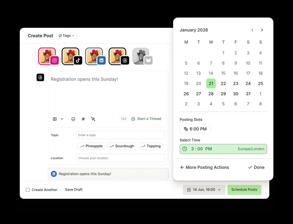 Buffer Publish space with a queue for multiple social media accounts, a calendar view, and scheduling options.