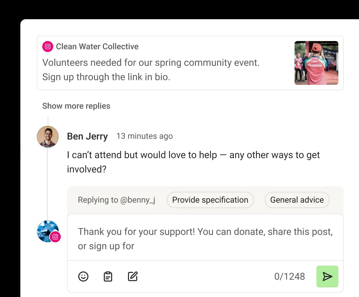 Buffer Community view with recent comments, suggested replies, and comment score metrics.